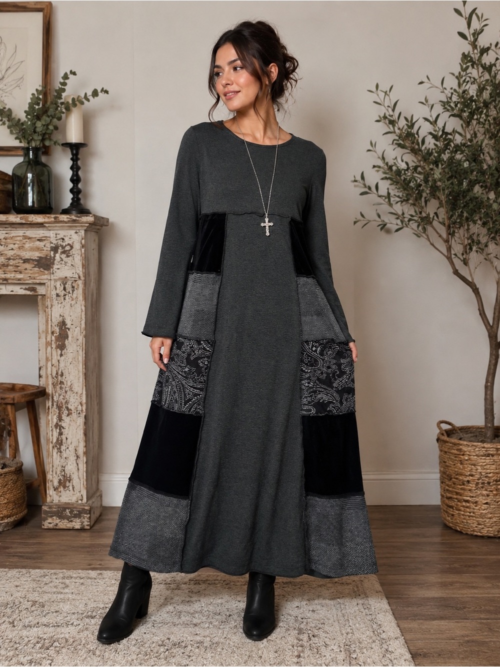 Studio Ease Dark Gray & Black Cotton and Velvet Patchwork Maxi Dress